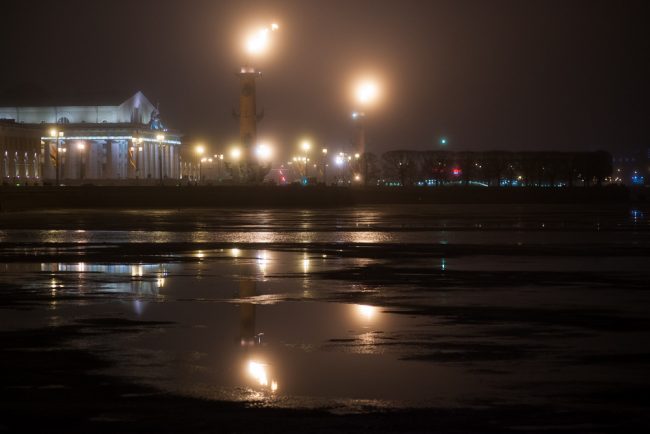 туман зажженные ростральные колонны стрелка васильевского острова