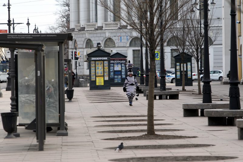 Невский проспект, пустые улицы, аниматор, зебра