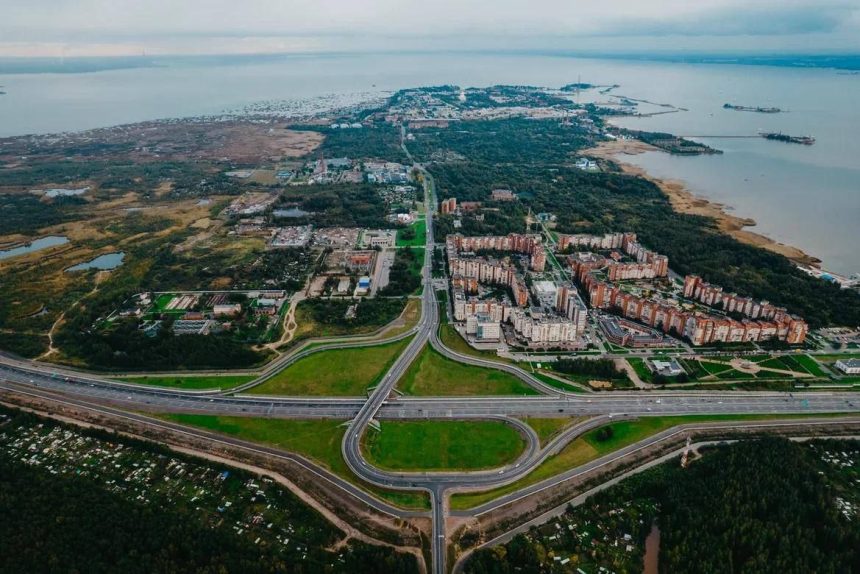вид с воздуха на Кронштадт, дамба, КЗС, кольцевая автодорога, КАД, развязка, Кронштадтское шоссе