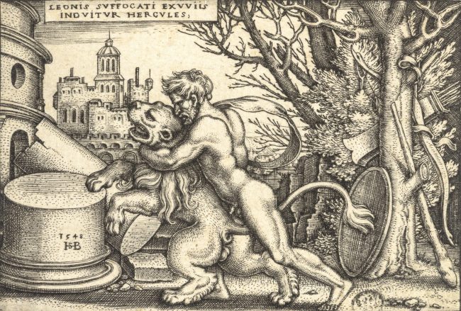 З. Бехам. "Геракл и Немейский лев", гравюра